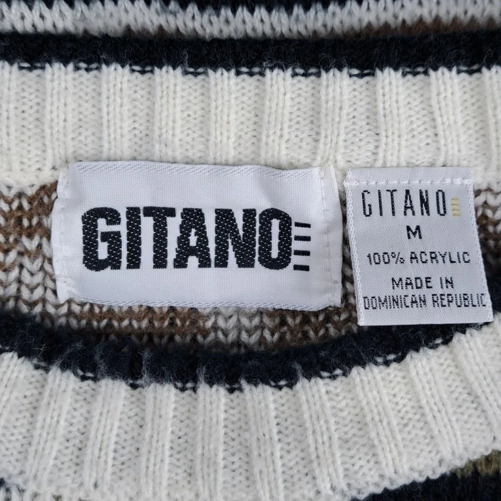 Vintage Gitano geo chunky stripe white & blue casual Med tight knit sweater